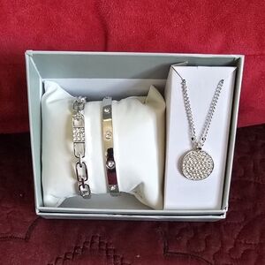 Silver Crystal Bracelet and 18" Pendant Necklace Set